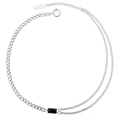 Silver cuban chain necklace with black rectangular gemstone in asymmetrical double layer style - Silver