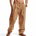 Detail of men's khaki linen pants with drawstring elastic waist and button fly design - Caramel color