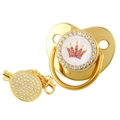 Detailed view of luxury gold baby pacifier with pink crown rhinestones and matching chain clip - Gold Crown