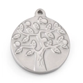 Polished silver stainless steel Tree of Life pendant with embossed details on white background - Round Tree of Life Relief Style (KLJ5832-Z)