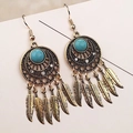 Bohemian owl palm drop earrings in antique gold with turquoise stones and metal feathers - Feather Tassel Turquoise Antique Gold Style (E1010-1)
