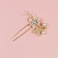 Spilla per capelli da sposa dorata con fiori rosa, perle e strass - Forcina a 1 fiore / Rosa