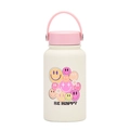 650ml cream insulated water bottle with pink lid and Be Happy smiley face print - Be Happy Colorful Smiley