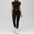 Black yoga set with V-cross high waist leggings and short sleeve zip top on model - L / Top And Bottom / Premium Black
