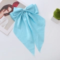 Close-up of light blue satin bow hair clip with long ribbons on a white background - Sky Blue Long Streamer