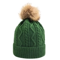 Detailed view of forest green cable knit texture and fluffy faux fur pompom on beanie - Adult Size / Green