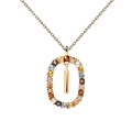 Detailed close-up of a gold oval pendant with colorful gemstones and rectangle center - Letter I