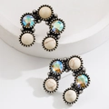 Detail of silver U-shaped earrings with white turquoise and iridescent gemstones - C-Shape - AB White Crystal