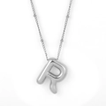 Polished silver R letter bubble pendant necklace with minimalist bead chain for women - Silver - R