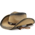 Handwoven straw cowboy hat with gradient brown finish and evil eye metal ornament - M (56-58cm) / Khaki Black Gradient