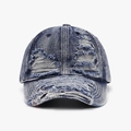 Gorra de béisbol de mezclilla azul oscuro con detalles rasgados vintage y bordes raídos - Ajustable / Azul Marino (24A211)