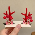 Detail of red antler hair clips with houndstooth bows and golden rhinestone accents - 18# Bow Rhinestone Style Pair