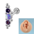 Curved stainless steel labret stud with purple zircon and opal stone inlays - Curved Cluster 1 OP38+Lotus Purple