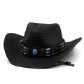 Detail of black woven cowboy hat with bead trim, turquoise stone and brown wind cord - M(56-58cm) / Black