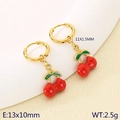 Cute gold cherry drop earrings with red enamel fruit charms and green leaf detail - Enamel Large Red Cherry Gold Hoops (KE119990-GC)