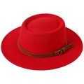 Top view of bright red wool fedora with wide brim and brown leather band detail - M(56-58cm) / Red