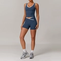 Blue-grey high waist yoga set with cross waist and white contrast trim detailing - S / Top And Bottom / Badge Blue (Top+Shorts)