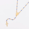 Golden Y-shaped bohemian rosary necklace with blue beads and small cross pendant - Sky Blue
