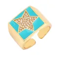 Adjustable copper ring in gold finish with square light blue enamel and zircon star - Sky Blue - Star