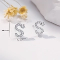 Detailed dimension view of letter S silver stud earring with white zircon inlay - EH760 Letter S Zirconia Studs