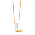Detailed close-up of golden letter L pendant necklace with shiny cubic zirconia stones - Gold L