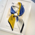 Elegant striped square neck scarf in royal blue and yellow satin for women - 70x70cm / Fine Stripe Patchwork-Blue Yellow