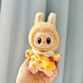 Labubu doll accessory featuring a beige rabbit hood and yellow duck pattern outfit - Three-piece Set Of Little Yellow Duck Crossbody Bags / First And Second Generation Keychains Are Compatible With La Cloth Dolls. Dolls Not Included.