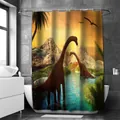 Waterproof polyester bath curtain featuring a sunset dinosaur prehistoric landscape print - Dinosaur Pattern 10