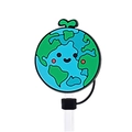 Reusable silicone straw topper featuring a cute cartoon earth design with a small green sprout - Smiling Earth