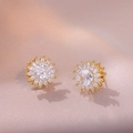 Golden flower earrings with clear zircon petals on elegant pink silk background - 925 Silver Earring Post / Sunflower Rotating Earrings