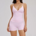 Yoga-Set für Damen in Hellrosa mit V-Ausschnitt Sport-BH und Shorts mit hohem Bund - S / Kirschblütenrosa