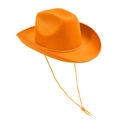 Detail eines hellorangefarbenen Cowboyhuts aus Filz mit verstellbarem Kordelzug und Krempe - Erwachsene / Orange