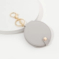 Minimalist round grey PU leather makeup mirror keychain with gold snap and metal hardware - Gray