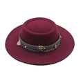 Burgundy flat top wide brim wool hat with bohemian beaded band and turquoise stone - Burgundy