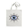 White canvas tote bag with bold blue Turkish Evil Eye graphic and double shoulder straps - Geometric Evil Eye S
