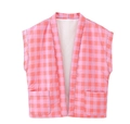 Damen-Westen-Set mit rosa und orangefarbenem Karomuster, Taschen und offener Front - S / Rosa Und Orange Gingham