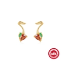 S925 sterling silver cherry stud earrings with heart shaped orange crystal gems - 925 Silver / Orange Heart Leaf (Gold#4)