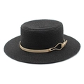 Detail of black straw boater hat texture with gold buckle and beige leather band - M (56-58cm) / Black
