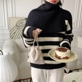 Corduroy drawstring makeup bag in beige with smiley face on a knit stripe sweater - Creamy White Smiley Face