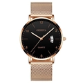 Men's quartz watch with black dial, rose gold mesh strap and date display - Black Dial Rose Gold Case Rose Gold Mesh Strap
