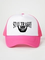 Detailed close-up of pink and white trucker hat featuring a Stay Trashy raccoon print - White Rose Red