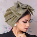 Turbante dorado brillante con gran lazo cosido a mano para accesorio de moda - Dorado