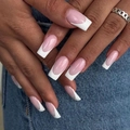 Elegant long square French press on nails with pink base and white tips on hand - Pink And White French Style (JP2150)