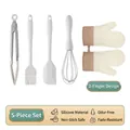 5-piece silicone kitchen utensil set with whisk and tongs in beige and cream tones - 5pcs Set (Brush+Spatula+Whisk+Clip+2-Finger Mitts)