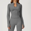 Women's seamless charcoal grey 3-piece yoga set with zip jacket, vest and leggings - S / Tops / Freedom Grey