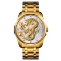 Luxury gold men's watch with embossed dragon dial and stainless steel strap - Gold Case Silver Dial