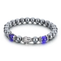 Tiger eye and black agate beaded bracelet with silver Buddha head and blue accents - Silver Buddha Head Dark Grey Bead Style(KB60925-BD)