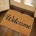 Coconut fiber doormat with Welcome text and cat design on dark wood flooring - Happy Welcome Cat / 60*90cm