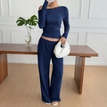Women's two-piece casual resort set in navy blue with textured top and wide-leg pants - S / Navy Blue