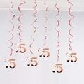 Elegant rose gold 75th birthday party hanging PVC swirls with metallic numeric charms - 75th Birthday (Rose Gold) / 6 Pieces Set